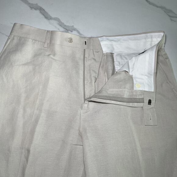 Louis Raphael LR2 Pants Mens 38x32 Beige Linen Blend Trousers Flat Front EUC - Picture 2 of 11